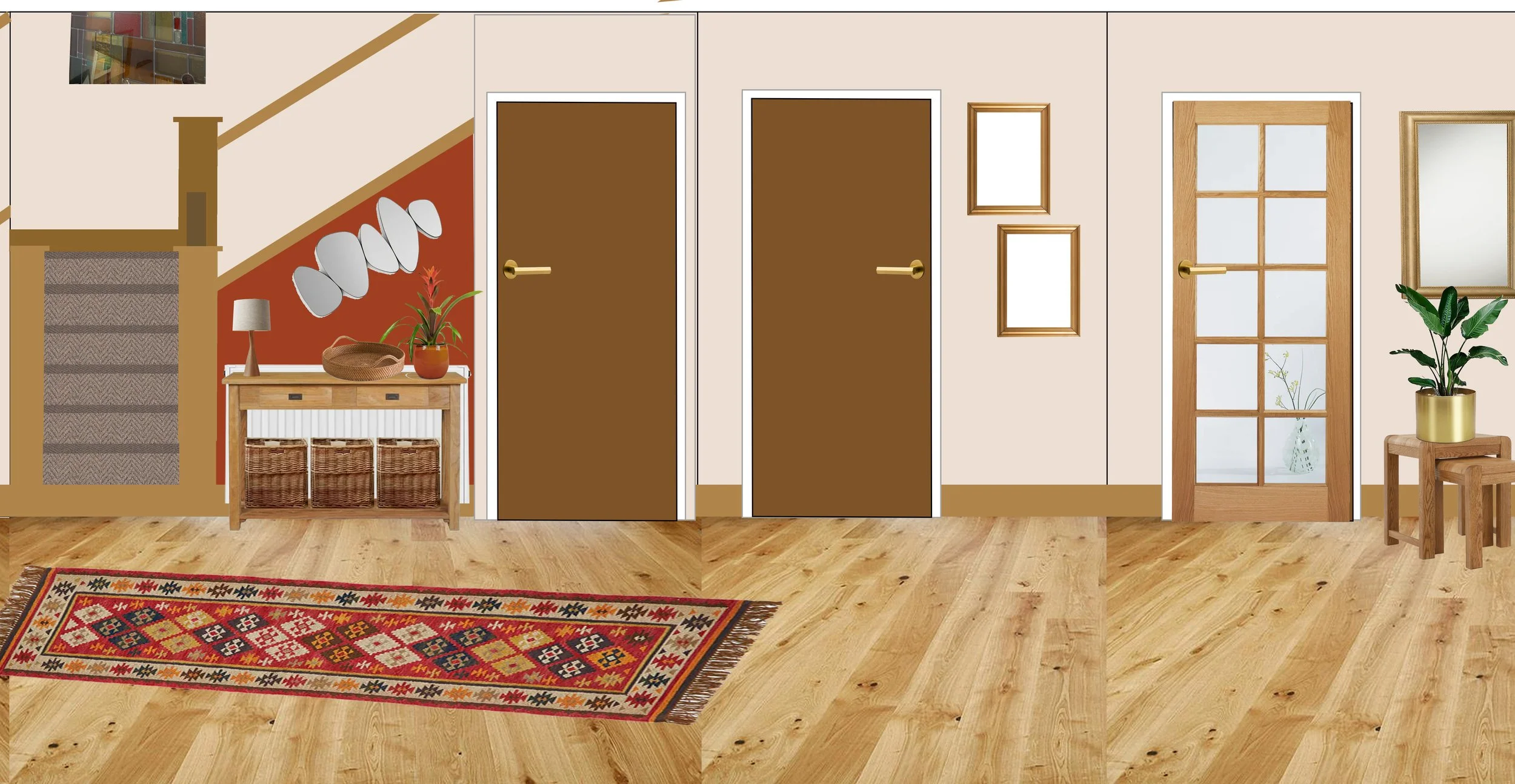Interior hallway with wooden floor, colourful rug, two brown doors, a wooden console table with baskets underneath, decorative mirrors, a table lamp, a plant in a pot, a door with glass panes, picture frames, and a plant on a stool.