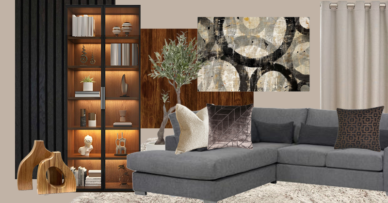 Modern living room with grey sectional sofa, throw pillows, dark glass cabinet with shelves, decorative items, abstract wall art, potted plant, wooden vases, and curtains.