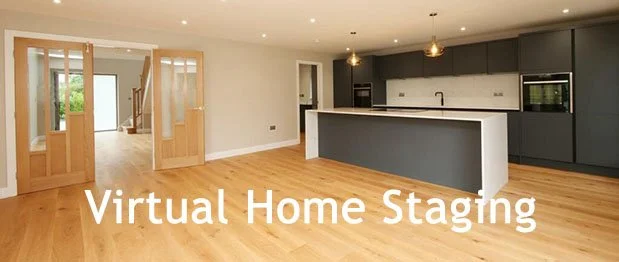 Modern open-plan kitchen and living area with wooden flooring and text "Virtual Home Staging" overlaid.