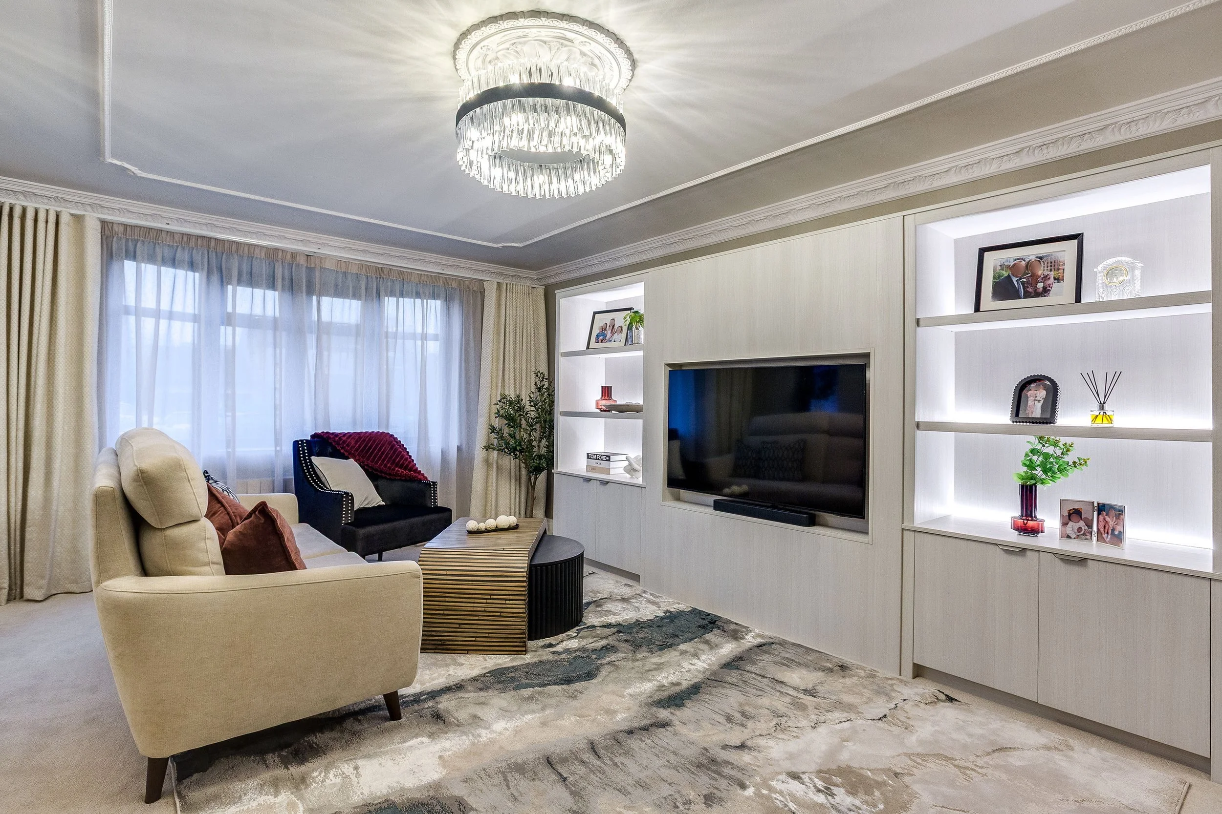 Luxury Lounge with a neutral palette and layers of textures, built-in LED lighting