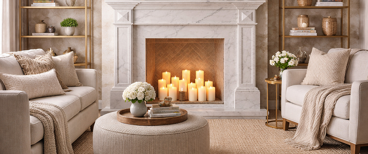 Groups of candles quickly warm up a neutral lounge