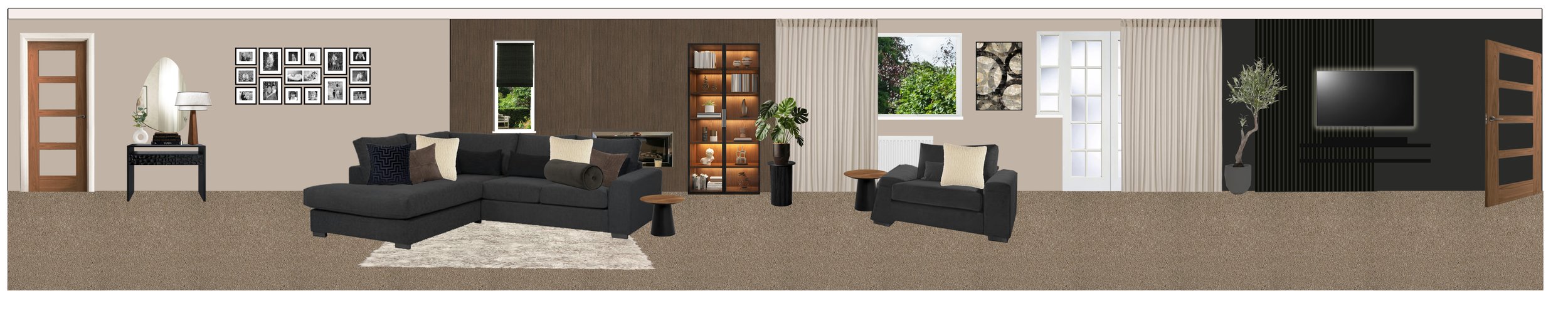 Living room with a modern design, featuring a grey sectional sofa, a plush grey armchair, a coffee table, and a TV mounted on the wall. There are framed photos, decorative plants, and a lit shelving unit.