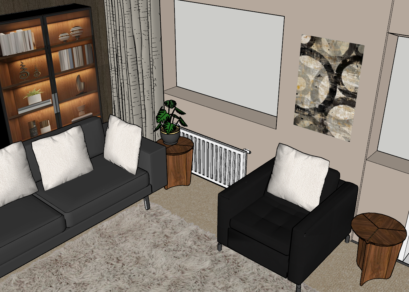 Modern living room with black sofas, white cushions, a shaggy rug, wooden side tables, and a potted plant. A bookshelf with decor items and a framed abstract painting are visible.