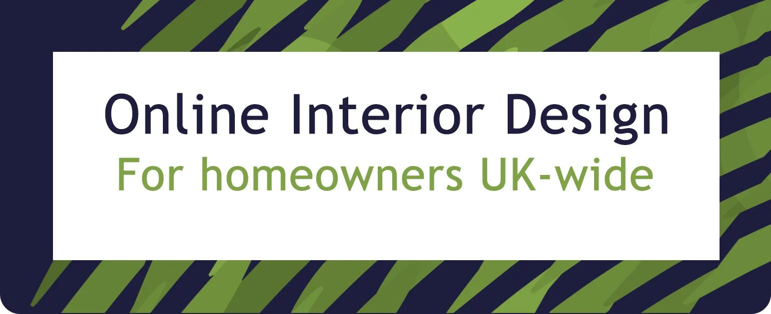 Text image reads: 'Online Interior Design for homeowners UK-wide' on a green and black striped background.