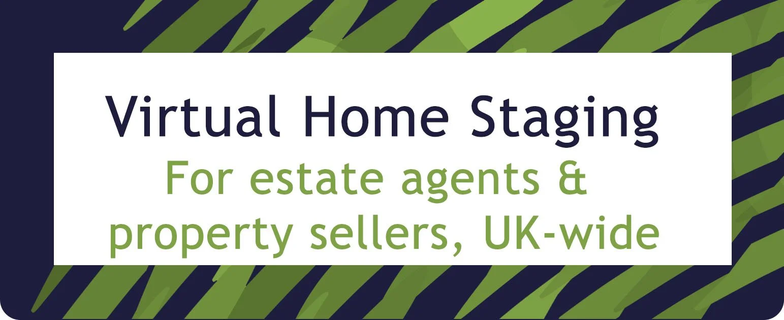 Banner with text 'Virtual Home Staging for estate agents & property sellers, UK-wide' on a green and black striped background.