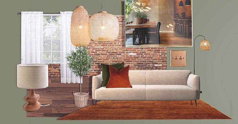 Interior design mood board featuring an off-white sofa with colourful cushions, exposed brick wall, pendant lights and floor lighting, a potted plant, window with curtains, and a rust brown rug.