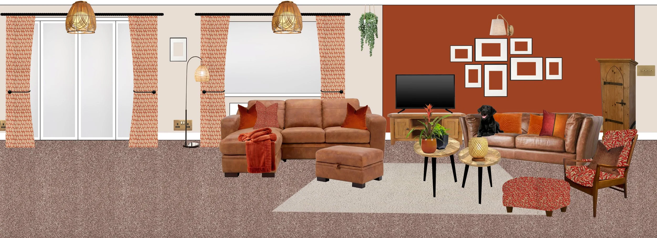 Cosy living room with brown leather sofas, orange and red cushions, patterned co-ordinating curtains, a flat-screen TV, coffee tables with plants, and a dog on one sofa.