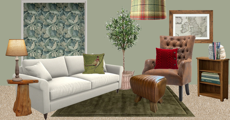 Country style living room with an off-white sofa, wooden side table, lamp, brown leather chair, green rug, plaid ceiling lamp, framed map, bookshelf with books, finished off with a William Morris window blind.