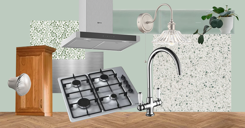 Collage of kitchen decor elements including an oak kitchen cabinet, gas hob, wall light, extractor hood, stainless steel tap, glass pendant light, plant in a pot, and fabric samples featuring leafy and textured patterns, displayed on a wooden floor.