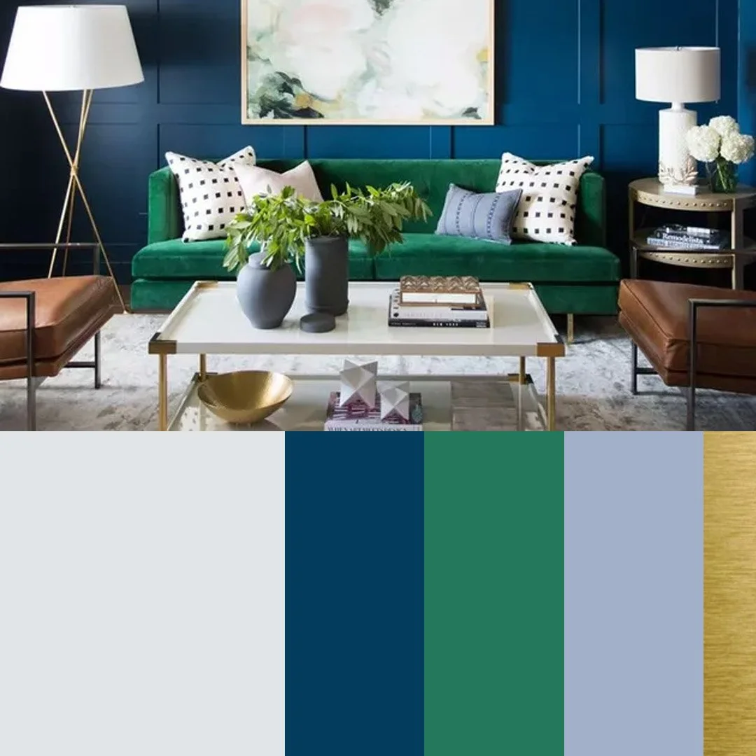 Modern living room with green sofa, decorative cushions, white coffee table, brown armchairs, and tall floor lamp; colour palette swatches below.