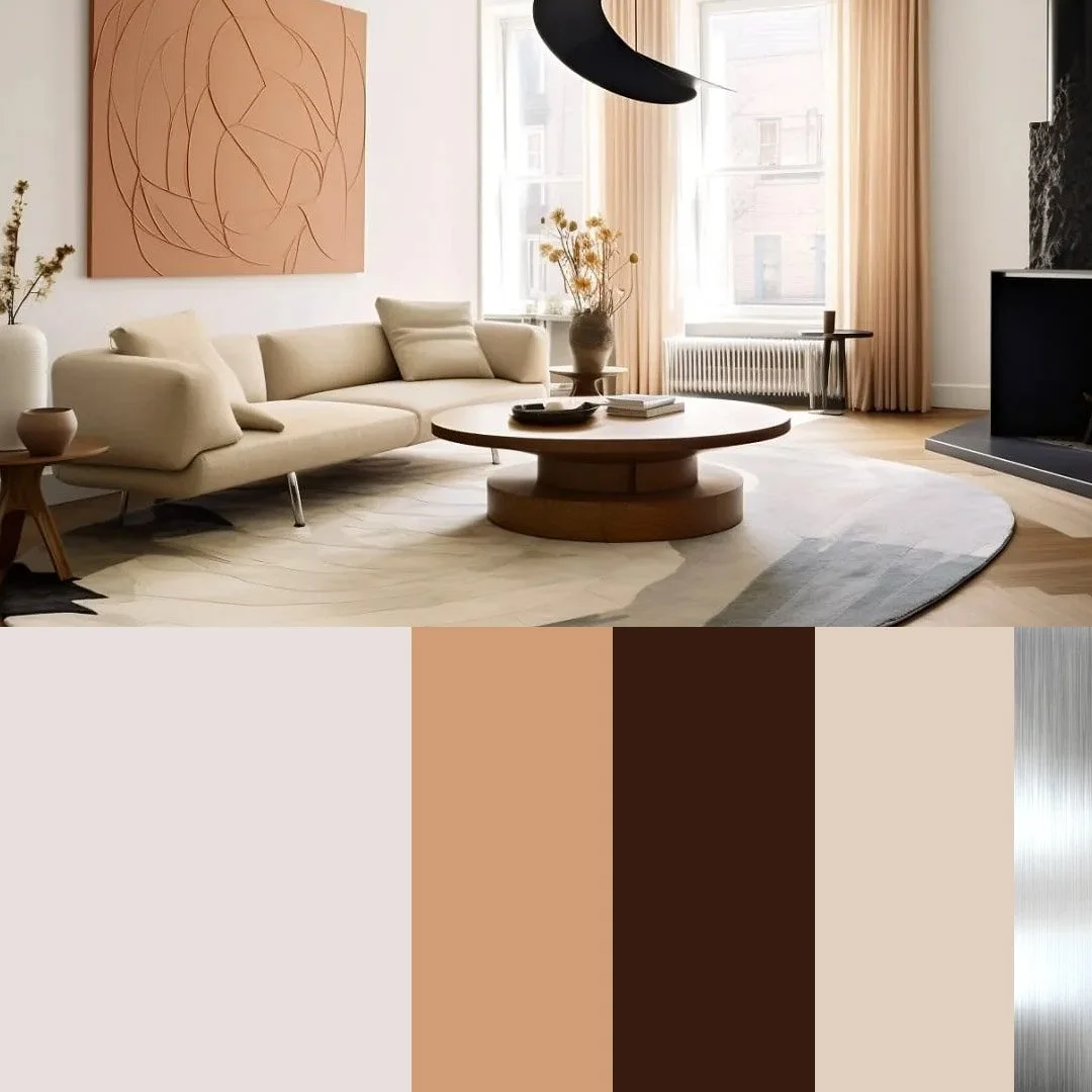 Modern minimalist living room with a beige sofa, round wooden coffee table, abstract wall art, and neutral tones. The room includes sheer curtains, decorative items on the table, and a colour palette below featuring beige, brown, and metallic shades.