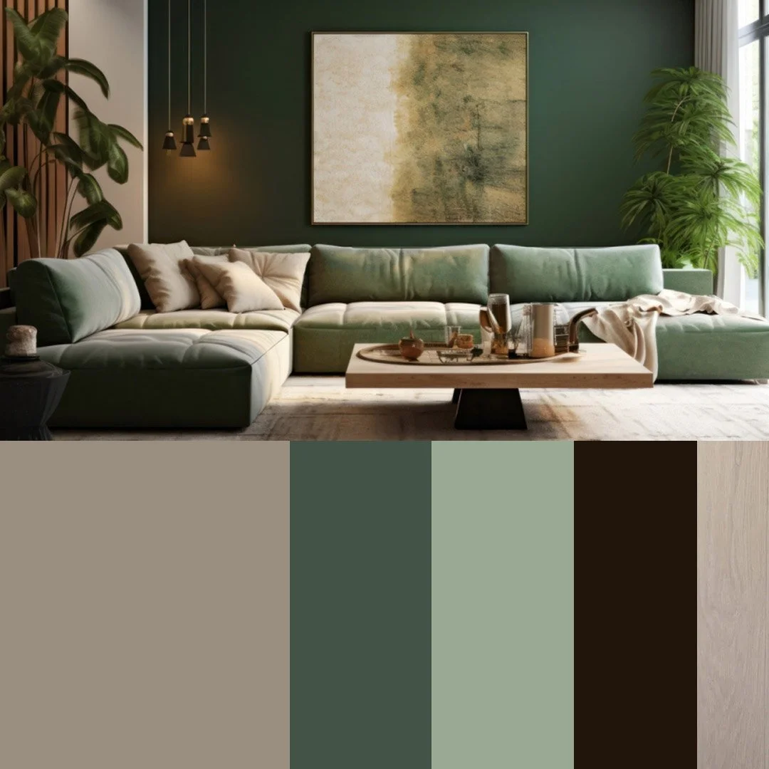 Modern living room with a green sectional sofa, wooden coffee table, abstract wall art, green accent wall, plants, and beige and green colour palette options.