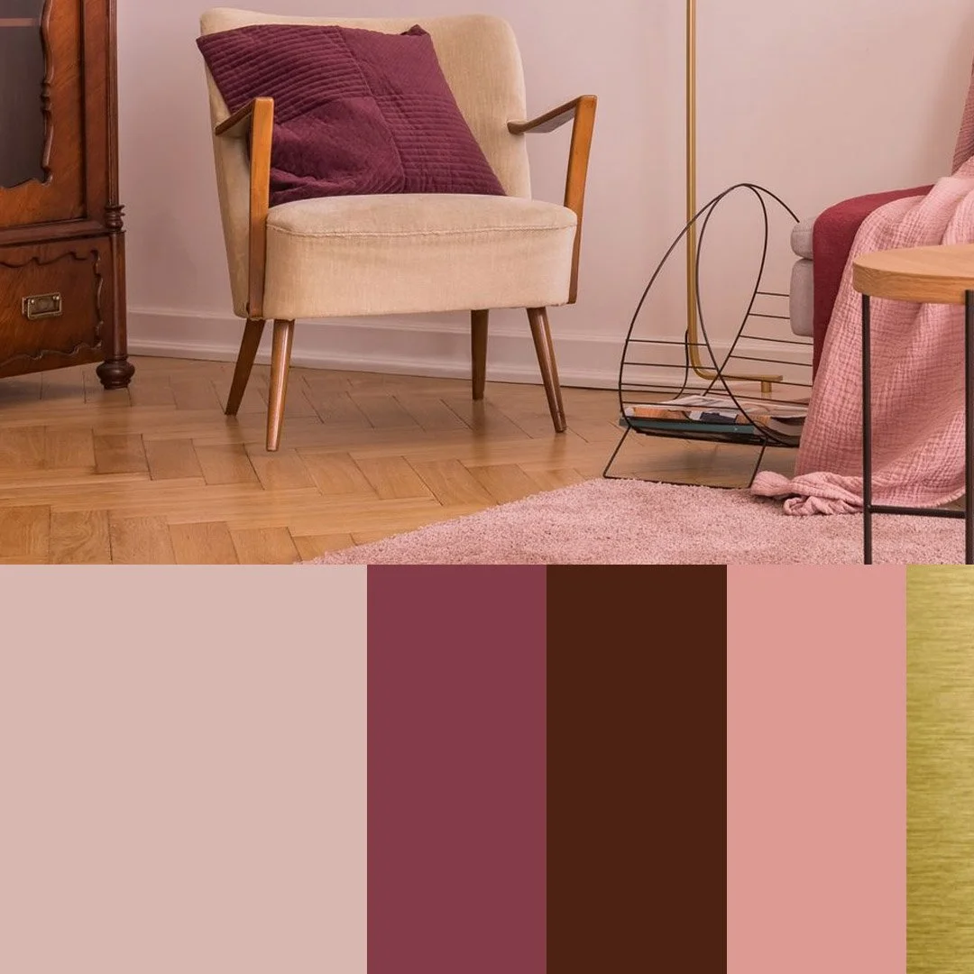 Living room interior with beige armchair, maroon cushion, wooden flooring, vintage cabinet, gold lamp, wire magazine rack, and pink decor accents. Colour swatches displayed below.