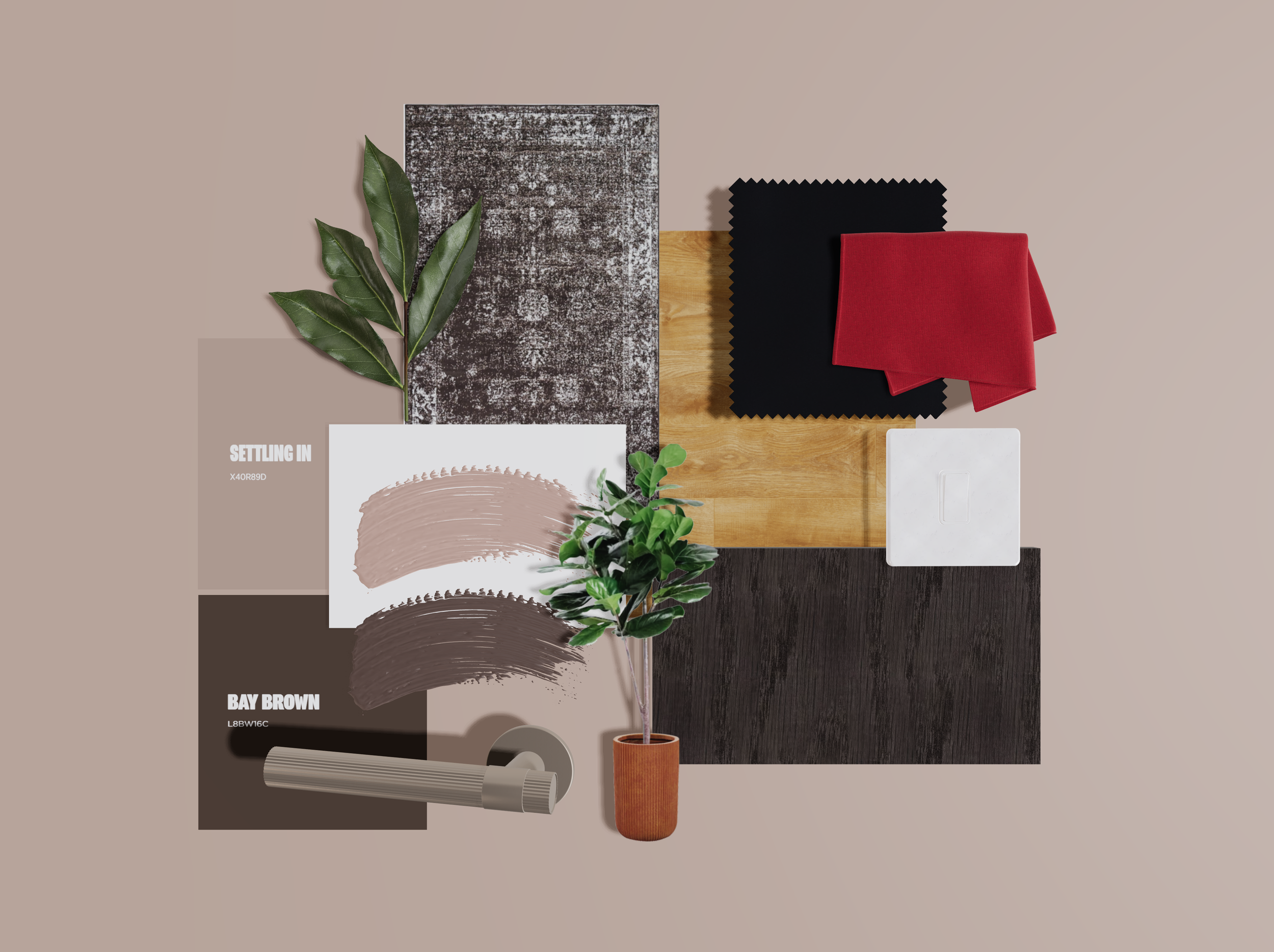 Interior design mood board with paint swatches, fabric samples, wooden textures, a plant, and decor items.