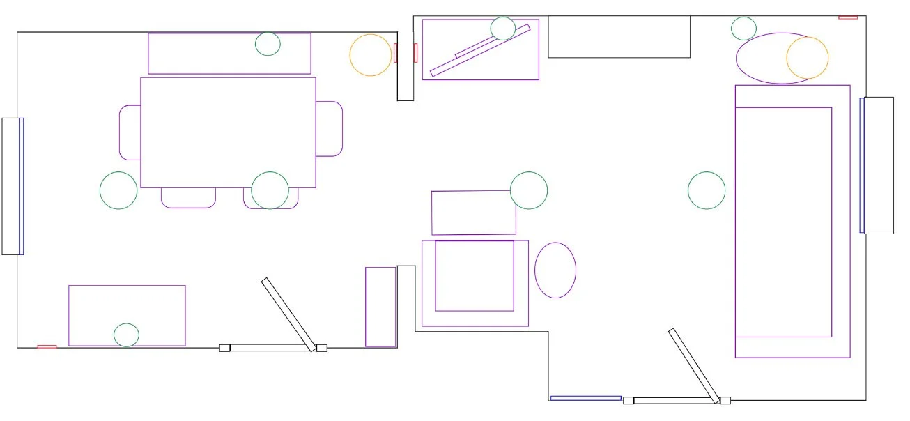Simple floor plan showing a living room furniture layout, including tables, chairs, and sofas, along with doors and windows.