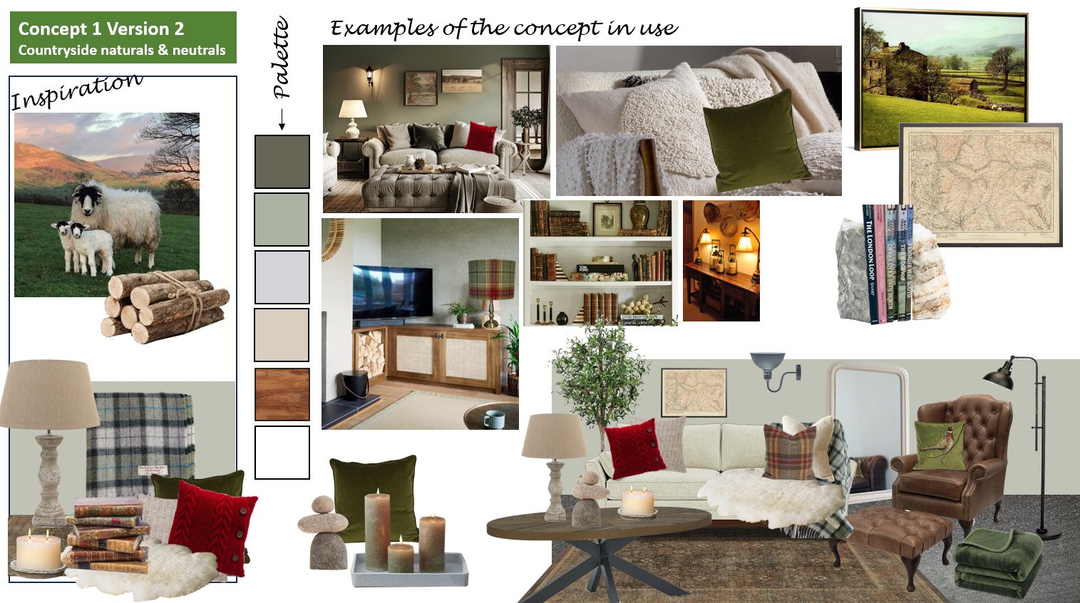 Interior design mood board featuring countryside-inspired elements, neutral colours, and rustic furniture. Includes images of a living room, sheep, wood textures, candles, stacking stones, maps, and various fabric swatches.