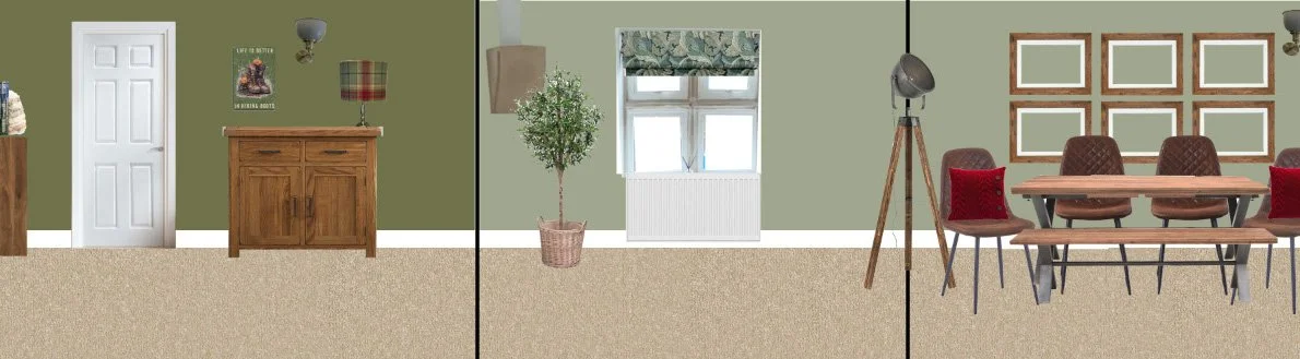 A room with green walls featuring a white door, a wooden sideboard with a lamp and wall art above, a window with a plant beneath, a tripod floor lamp, and a wooden dining table with brown chairs and red cushions.