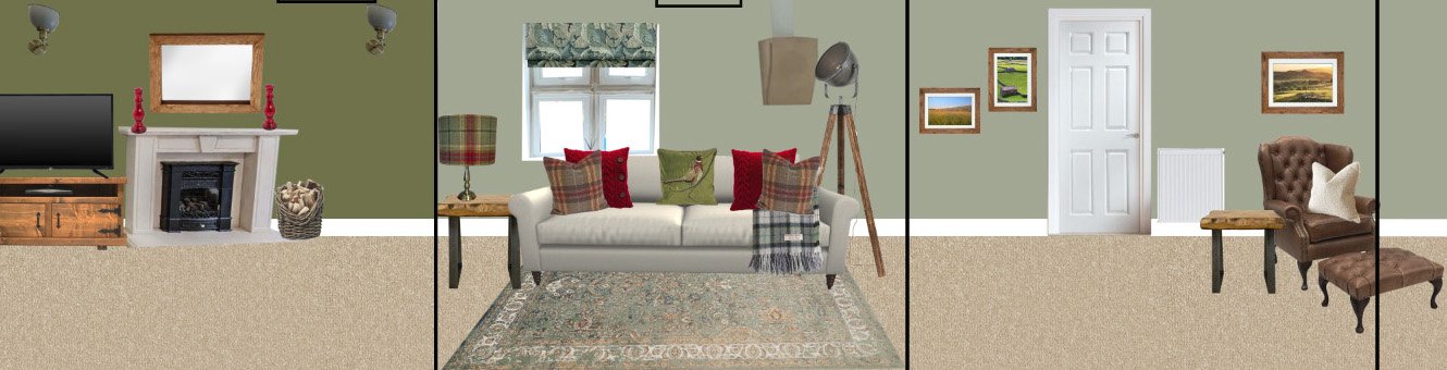 Living room interior design with green walls, featuring sections with a TV, fireplace, sofa with plaid and red cushions, and a cosy chair and ottoman beside framed pictures on the wall.