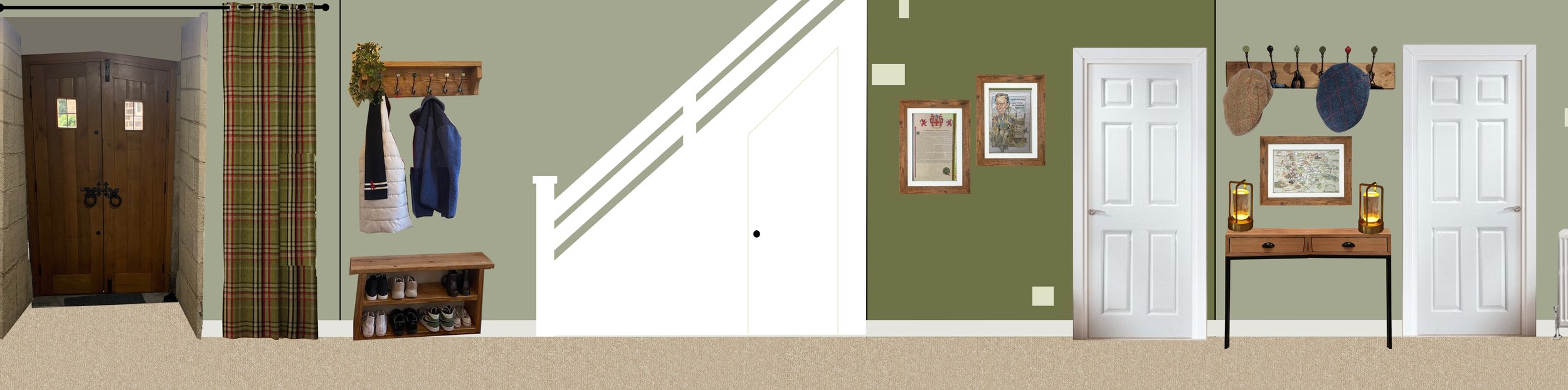 Interior hallway with wooden double doors, green walls, a staircase, framed pictures, coat hooks with jackets and hats, a shoe rack with shoes, a brown curtain, and a wooden console table with lanterns.