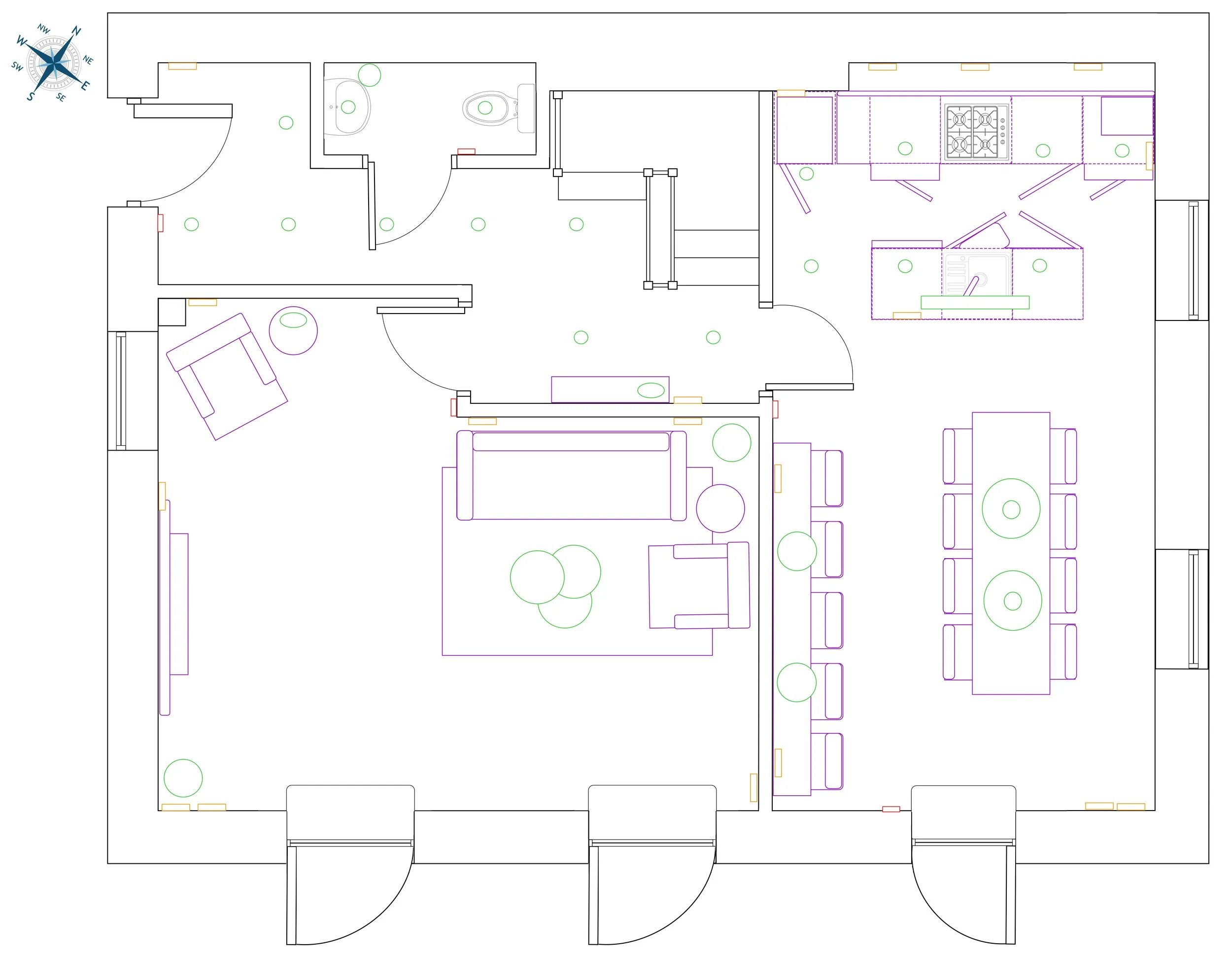 Floor plan of a residential space with living room, dining area, kitchen, and bathroom. Includes furniture layout and functional areas, showing doors and windows.