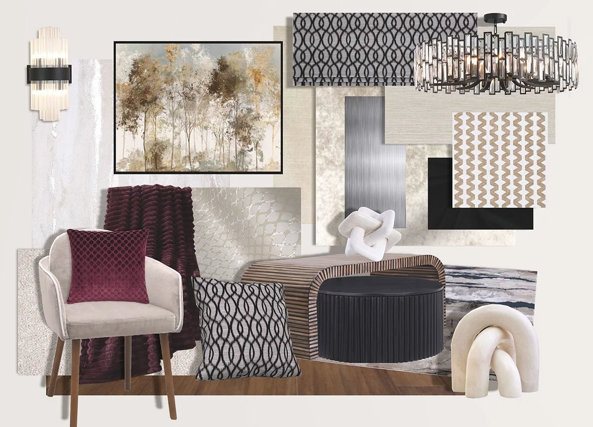 Luxury neutral lounge materials board