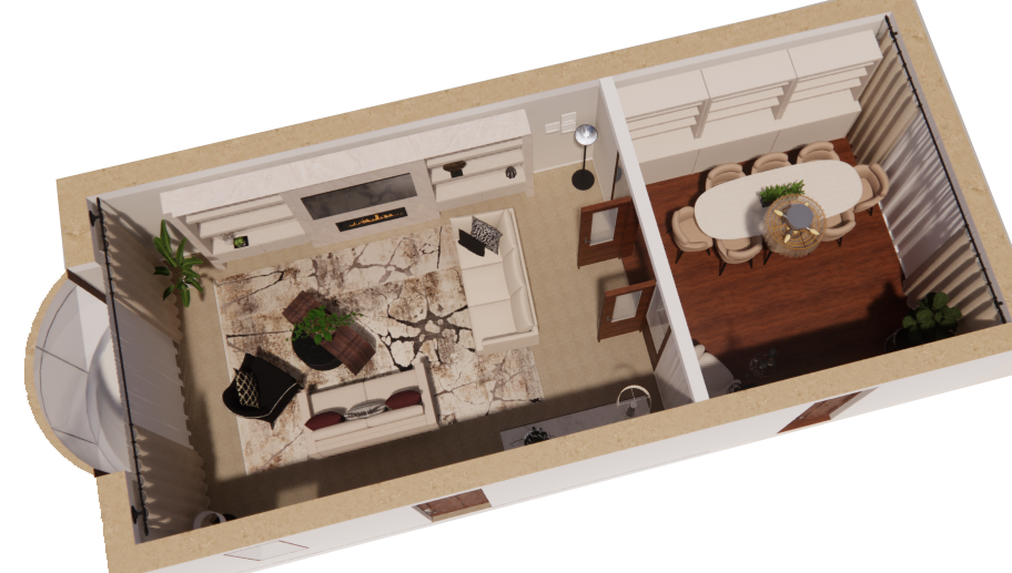 3D model showing the lounge and dining room