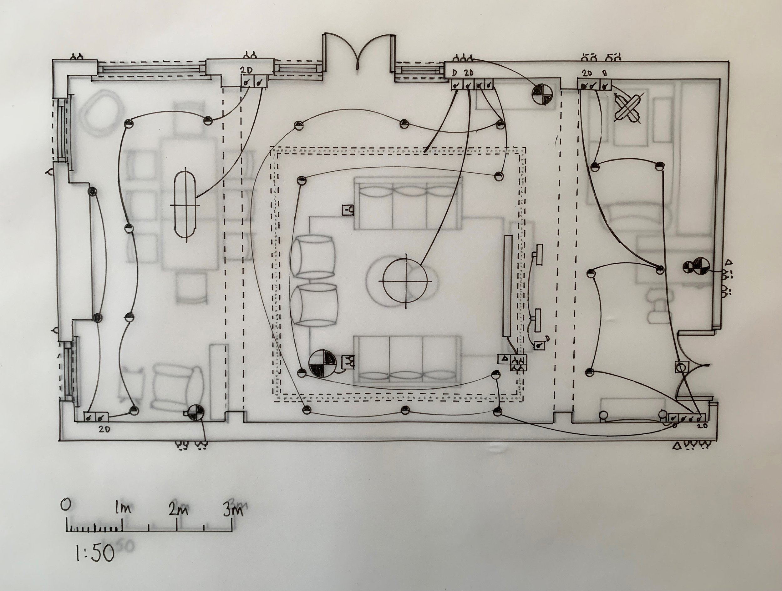 Lighting plan overlaid on top of a furniture plan