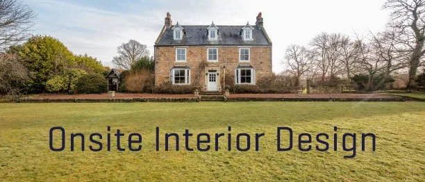 Stone house with large lawn, bare trees, and "Onsite Interior Design" text.