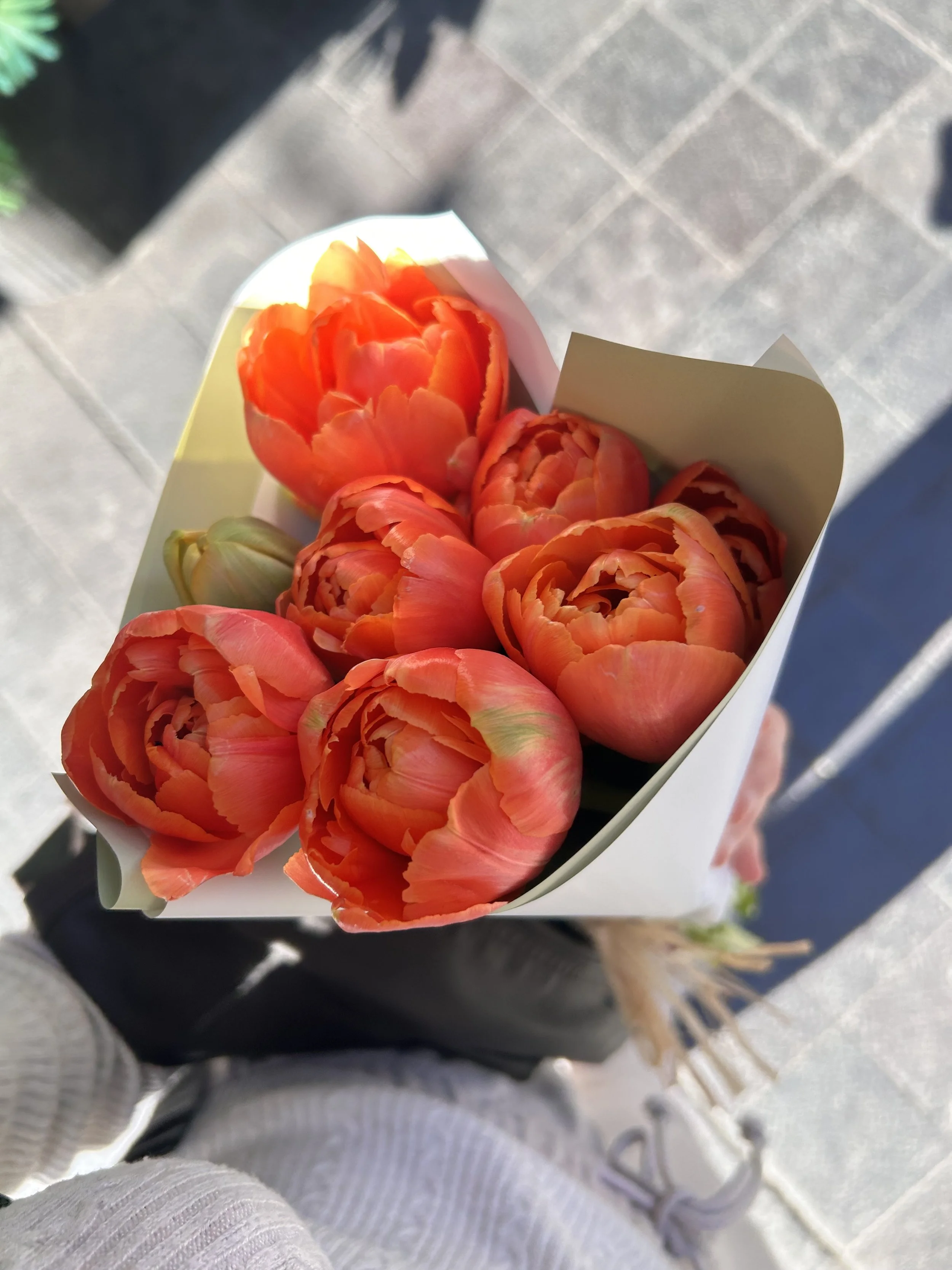 A bouquet of vibrant orange and pink peony flowers wrapped in white paper.