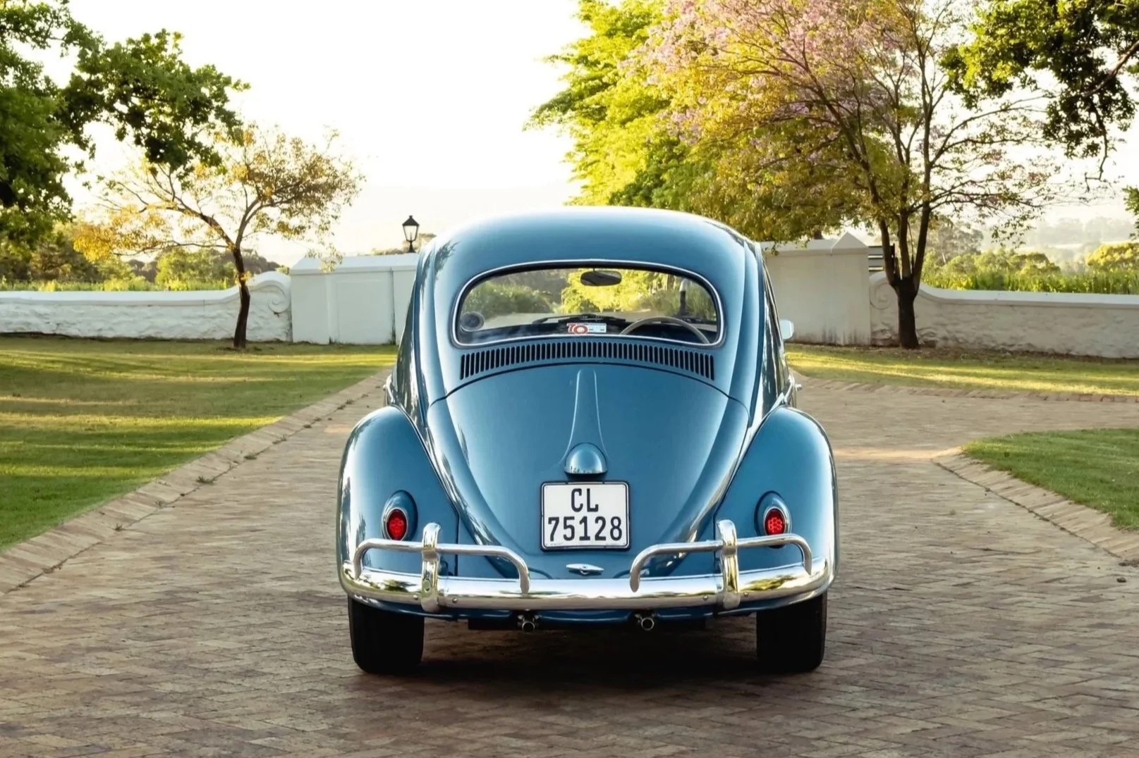 Rear view of a vintage blue Volkswagen Beetle parked on a brick driveway surrounded by green grass and trees with sunlight filtering through.