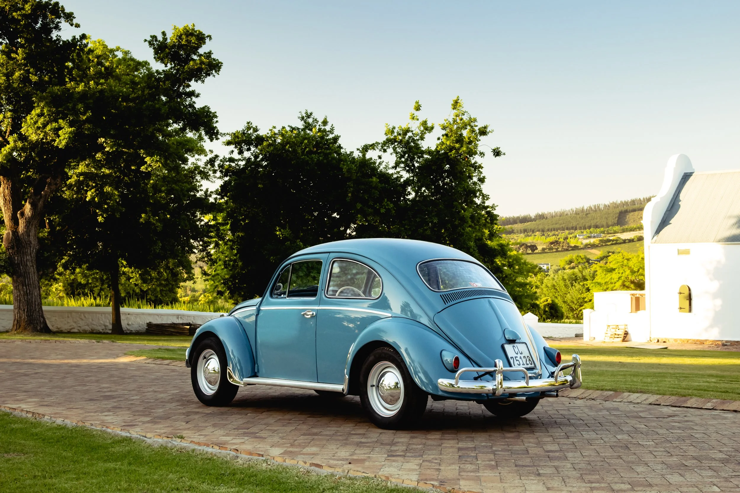 Blue vintage Volkswagen Beetle parked on a brick driveway with trees and greenery in the background.
