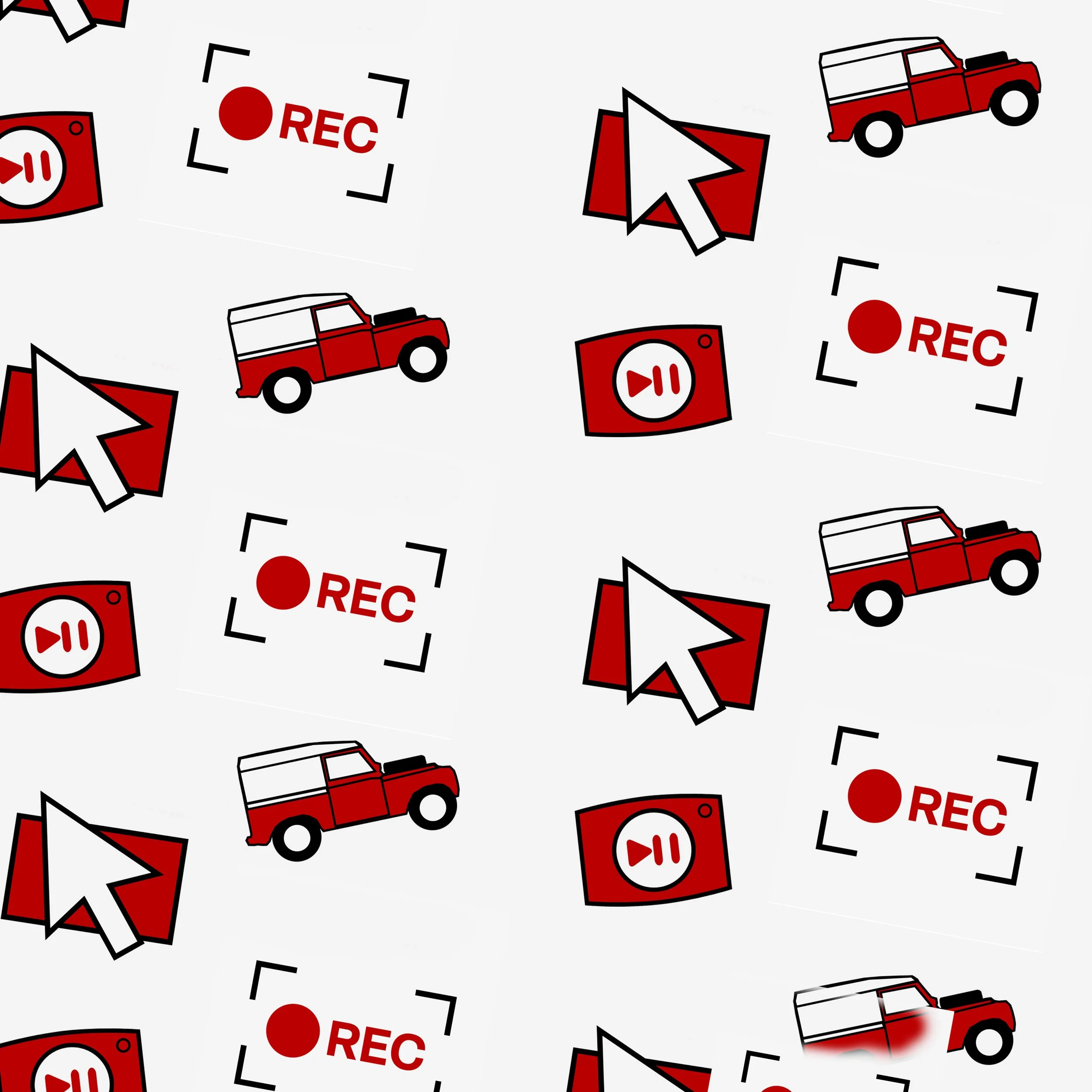 Pattern of red and black icons related to video recording, including a red recording dot and 'REC' text, a white and red camera viewfinder with a play/pause button, a red and white vehicle, and a cursor arrow, all on a white background.