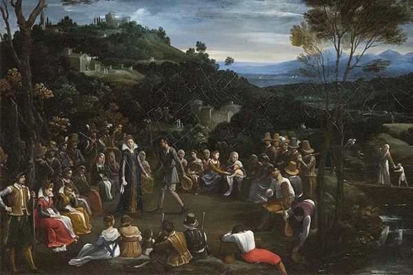 Un gruppo di persone vestite in abiti d'epoca raccolte in un paesaggio naturale, alcune sedute e altre in piedi, con una scena di campagna e colline sullo sfondo.