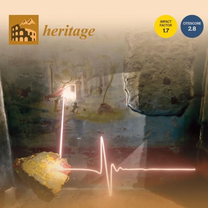 Grafico che mostra dati su eredità culturale, con logo Heritage, punteggio CITES di 2.8, impatto di 1.7, e immagini di un'antica statua, una scena storica o archeologica, e un cuore ritmato da una linea di elettrocardiogramma.