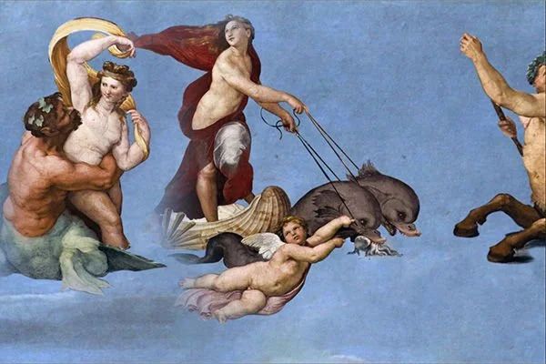 Dettaglio della famosa scena del dipinto 'L'Odissea' di Giovanni Battista Tiepolo, con personaggi mitologici che volano nel cielo, tra cui un ragazzo con un'ancora e altri figure mitiche.