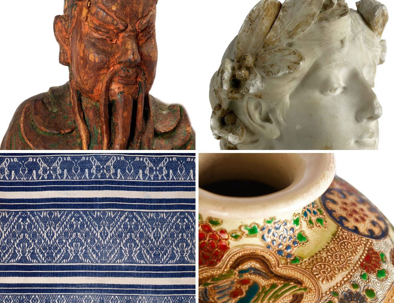 Un collage di quattro immagini: una statua di un anziano con barba, una statua di una giovane donna con fregi e fiori tra i capelli, un tessuto con disegni geometrici in blu e bianco, e una ciotola decorata con disegni floreali colorati.