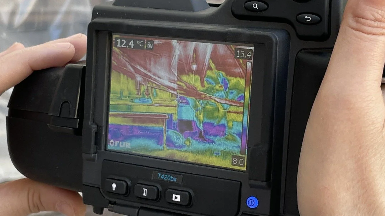 Fotocamera termica che mostra un'immagine di un paesaggio con alberi, una struttura e un terreno, evidenziata con colori caldi e freddi per indicare le variazioni di temperatura.