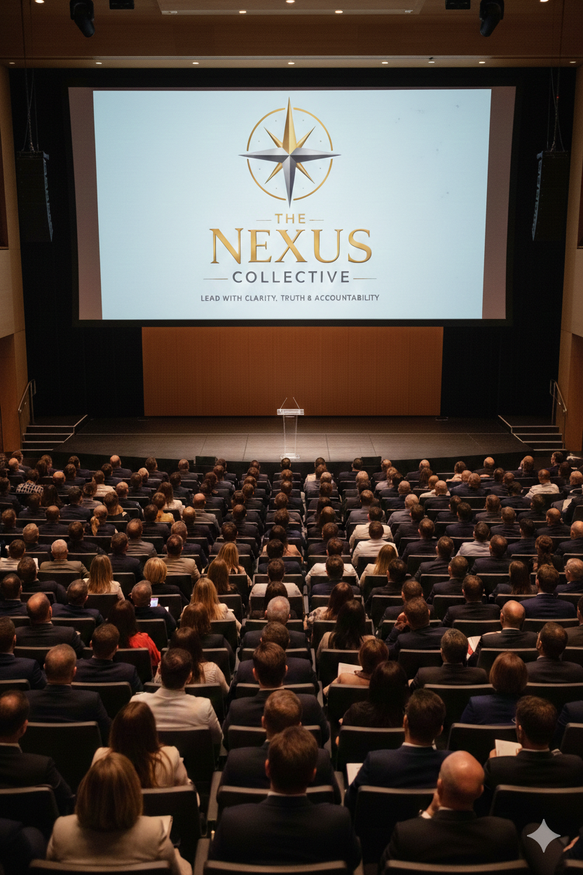 An indoor conference hall filled with seated attendees facing a large screen displaying the logo and name of 'The Nexus Collective' with a compass design, along with the tagline 'Lead with Clarity, Truth & Accountability.'