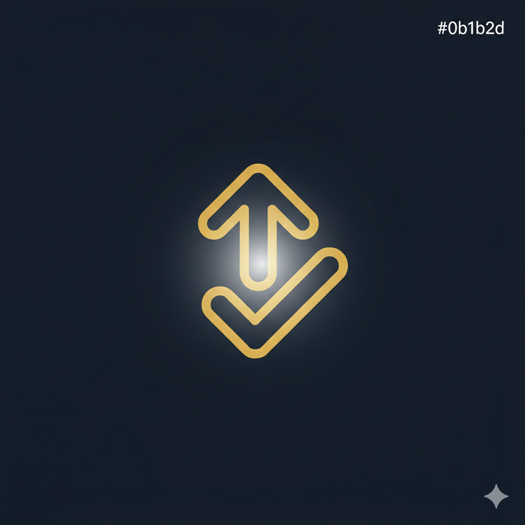 Neon icon of an upward arrow and a check mark on a dark background.