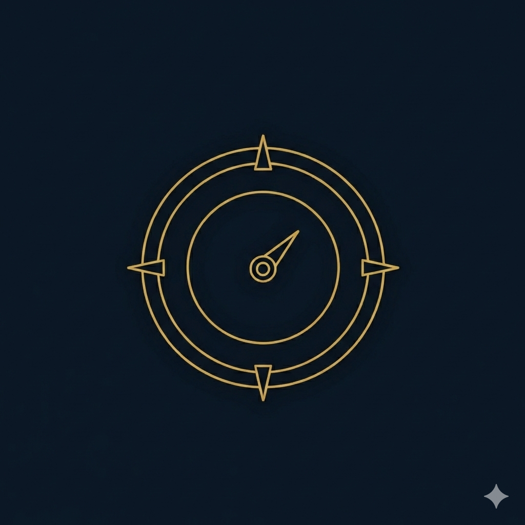 A digital illustration of a compass with gold lines on a dark background.
