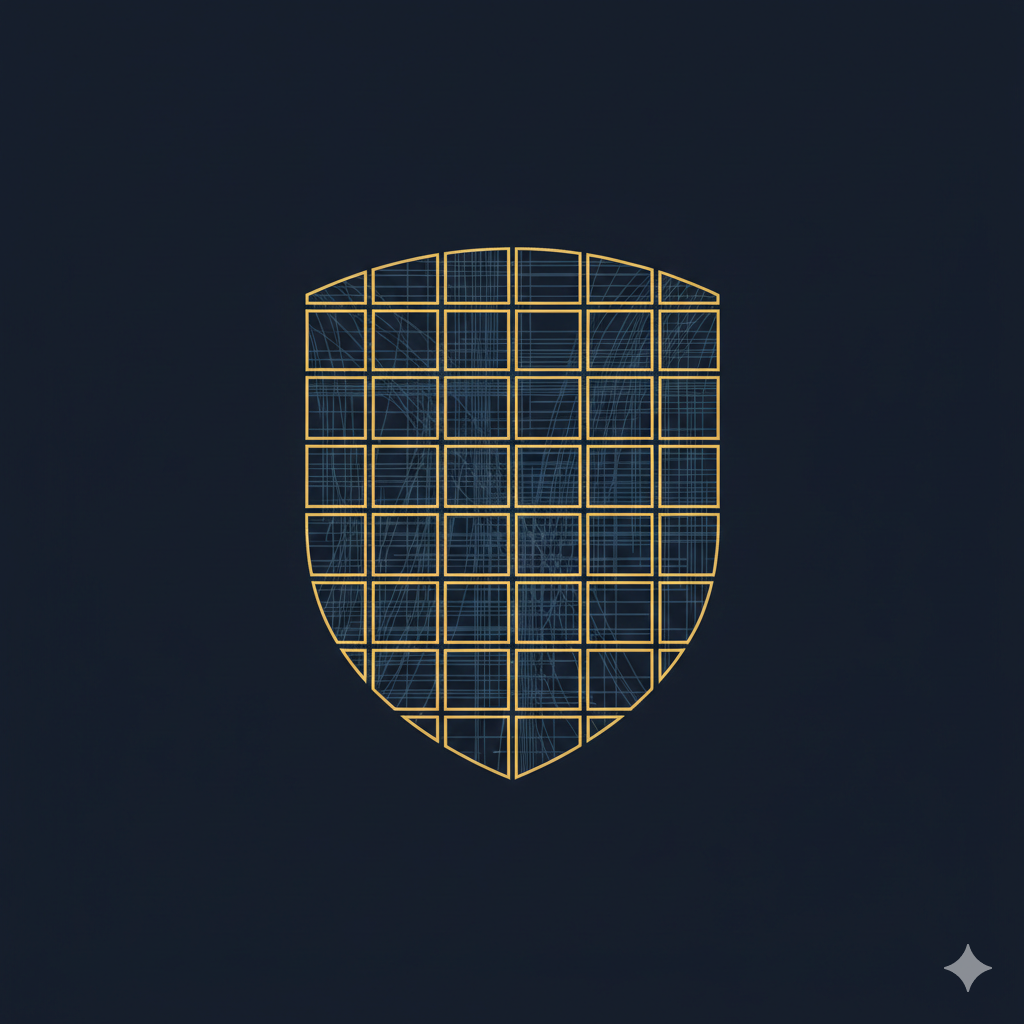 A digital shield icon with a grid pattern, representing cybersecurity or protection, on a dark background.