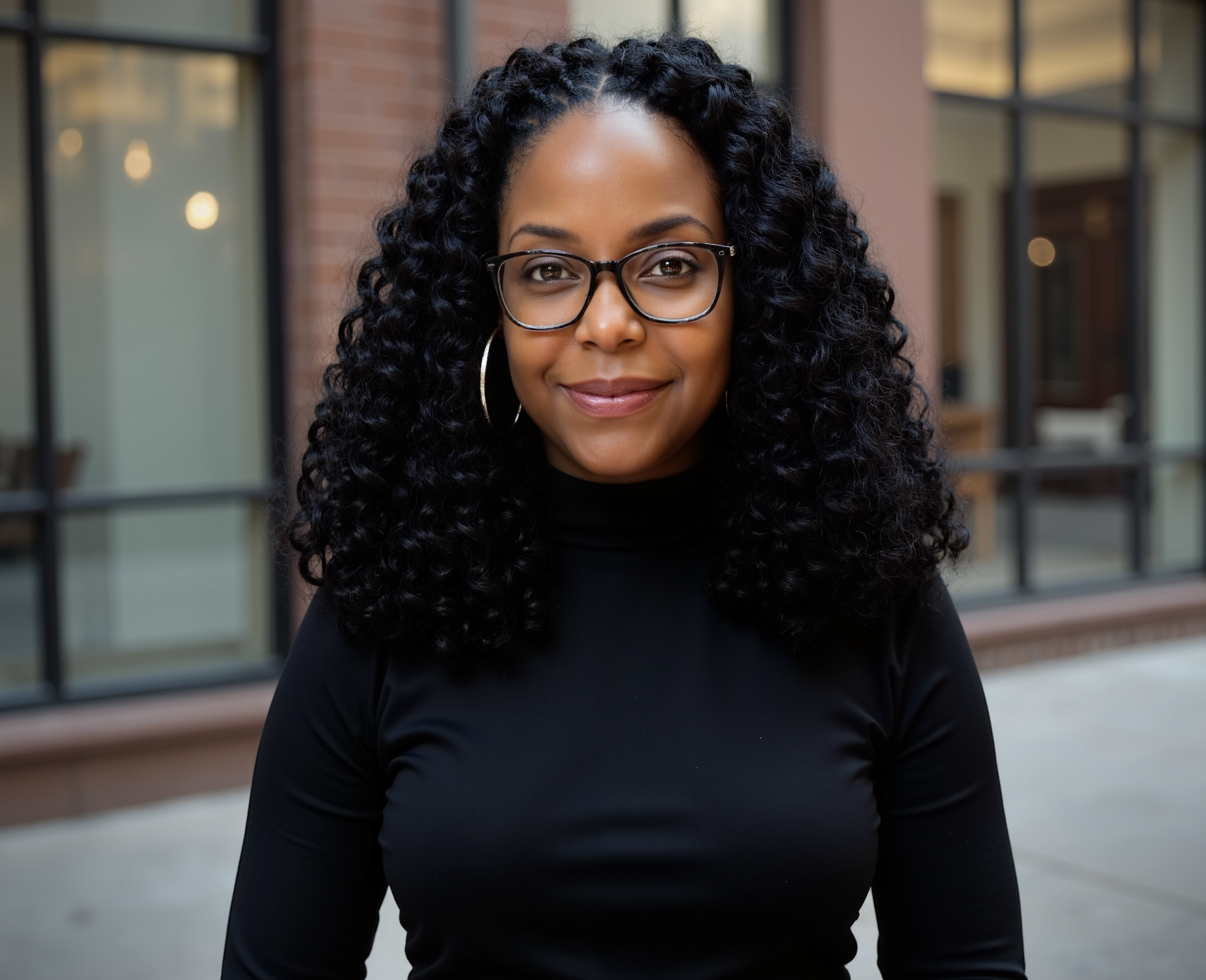 A woman with curly black hair, glasses, and hoop earrings, wearing a black turtleneck sweater, smiling outdoors in front of a modern building with large glass windows.