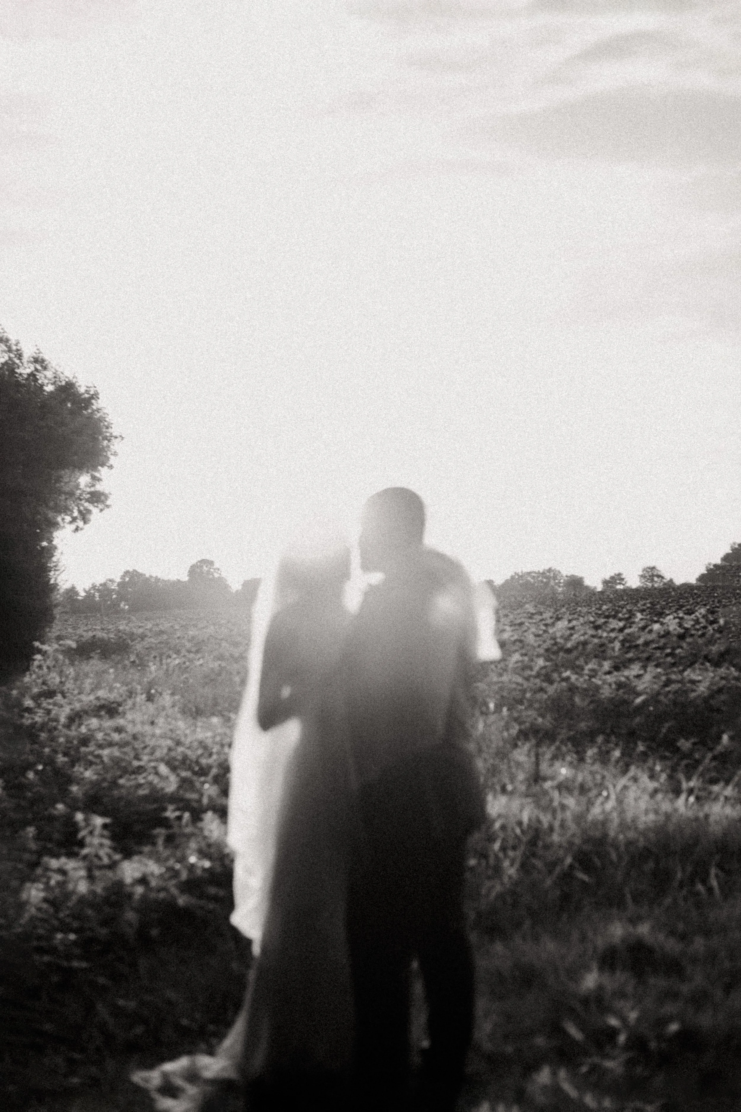 A black and white photo of a couple holding hands outdoors, walking through a field with trees in the background, backlit by the sun.