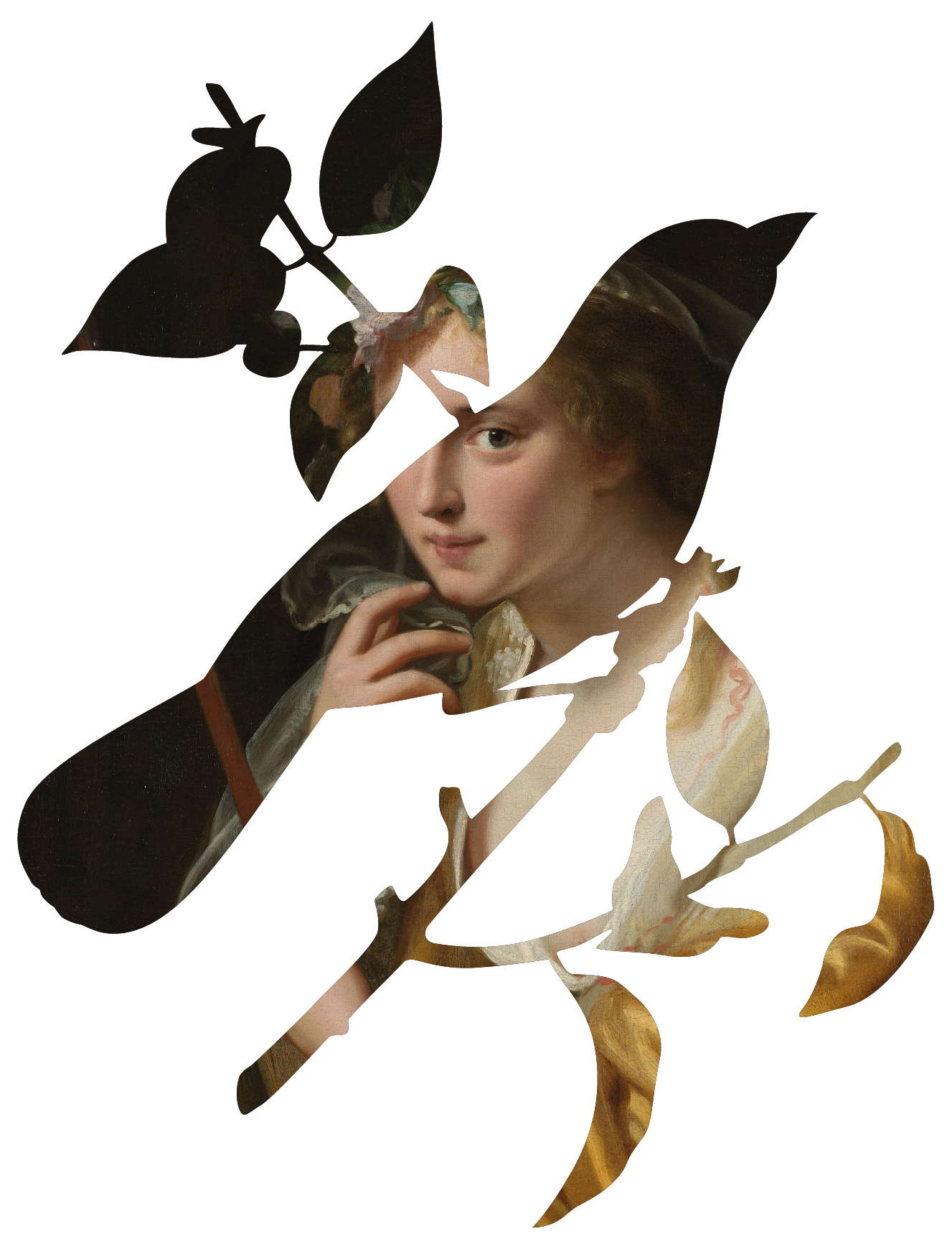 A digital collage combines the portrait of a woman with elements of classical painting and a branch with leaves.