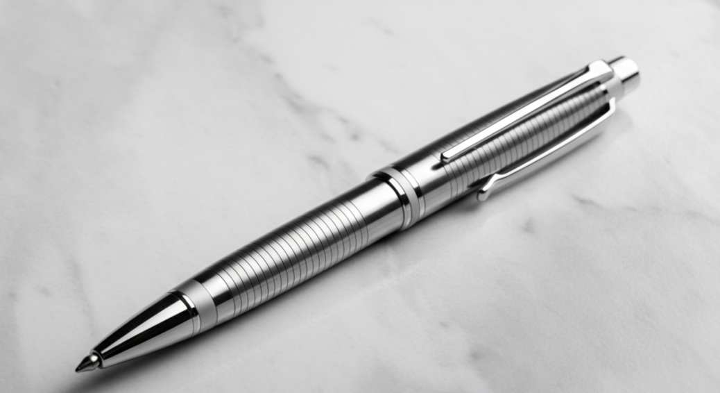 Silver ballpoint pen resting on a white marble surface.