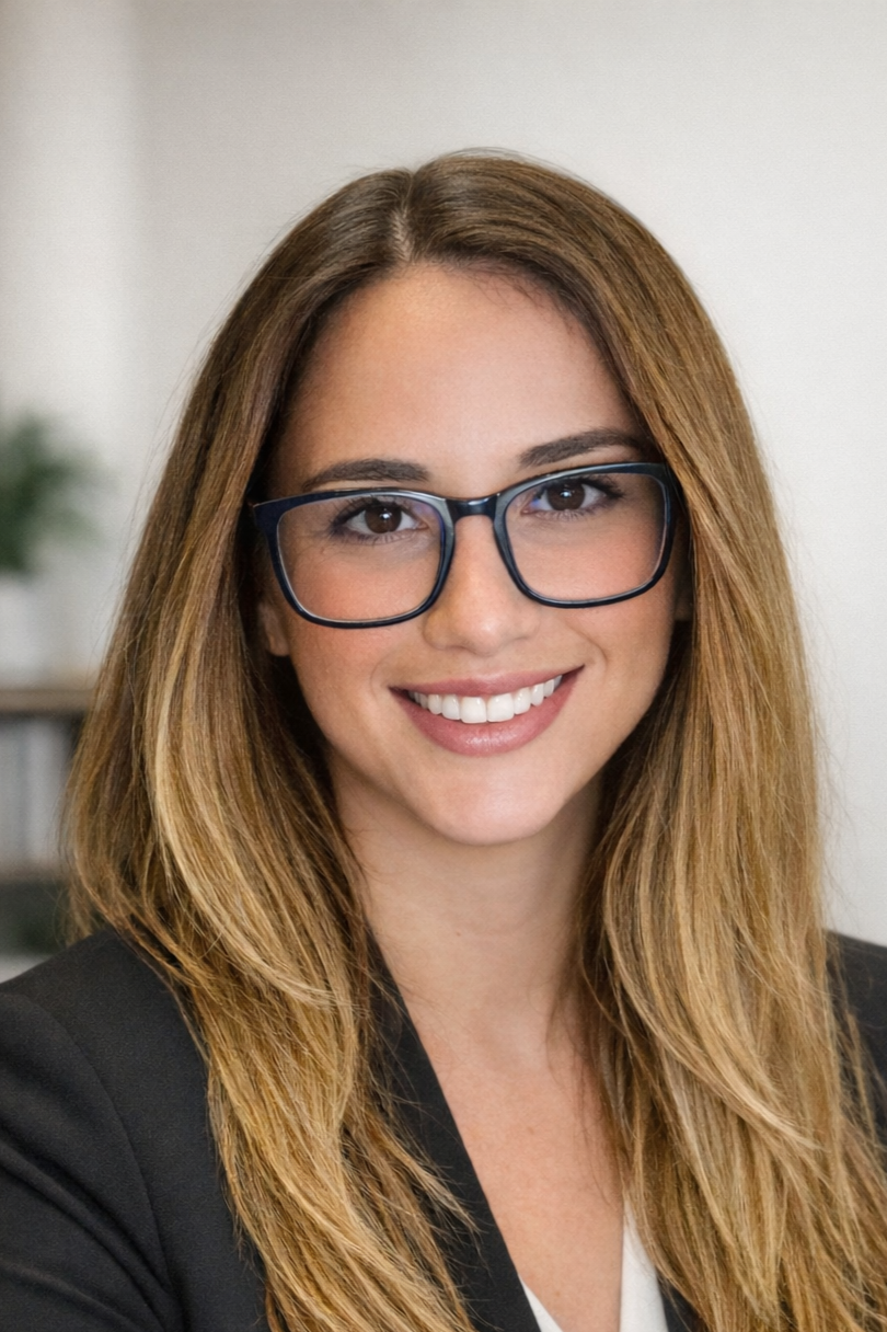 A woman with long light brown hair wearing black glasses and a black blazer, smiling indoors.