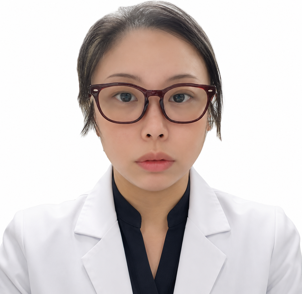 A woman wearing glasses and a white lab coat staring into the camera against a plain white background.
