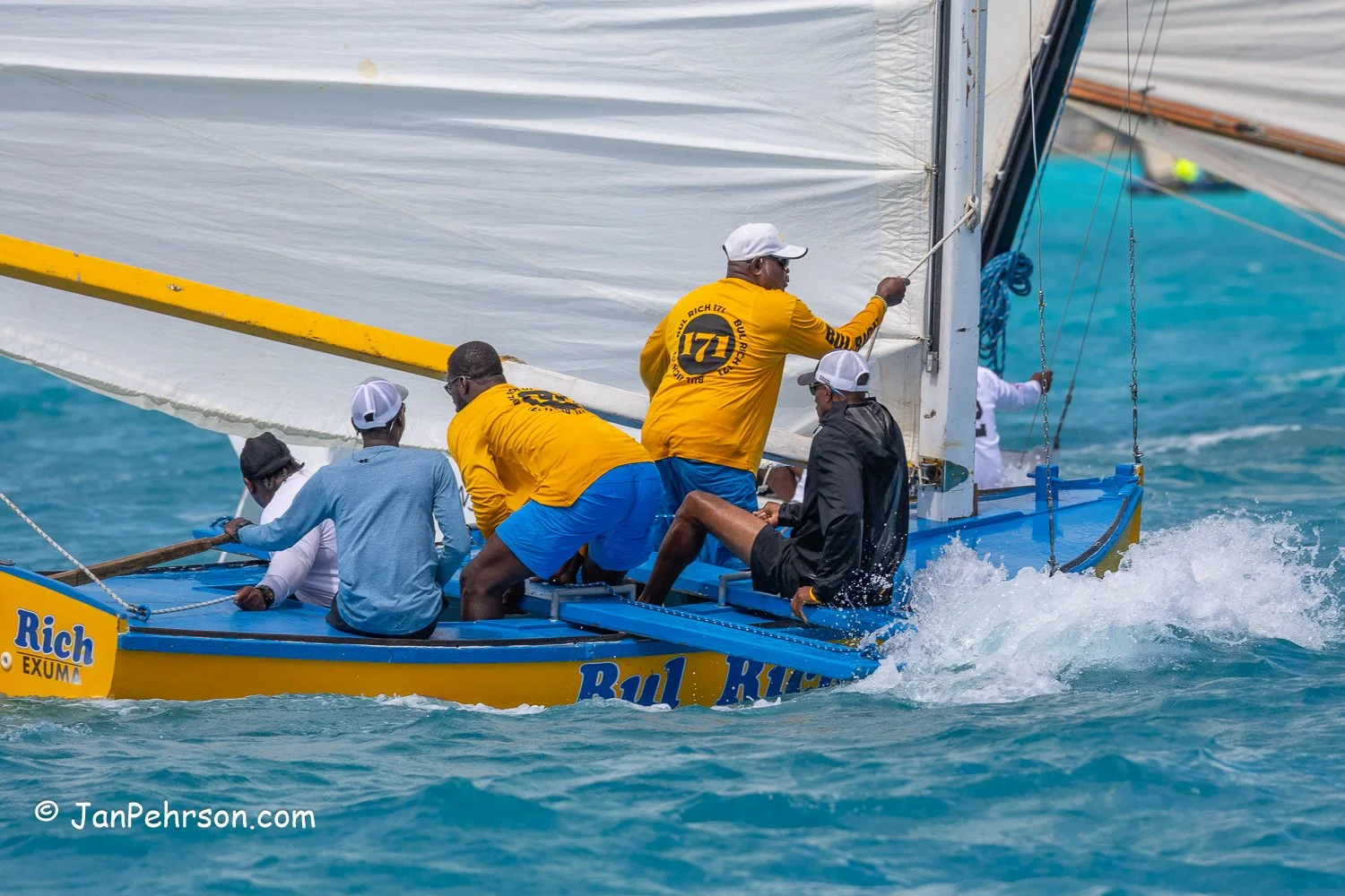 April 2026, George Town, Bahamas, National Family Island Regatta, C-Class, Bull Rich, from Exuma