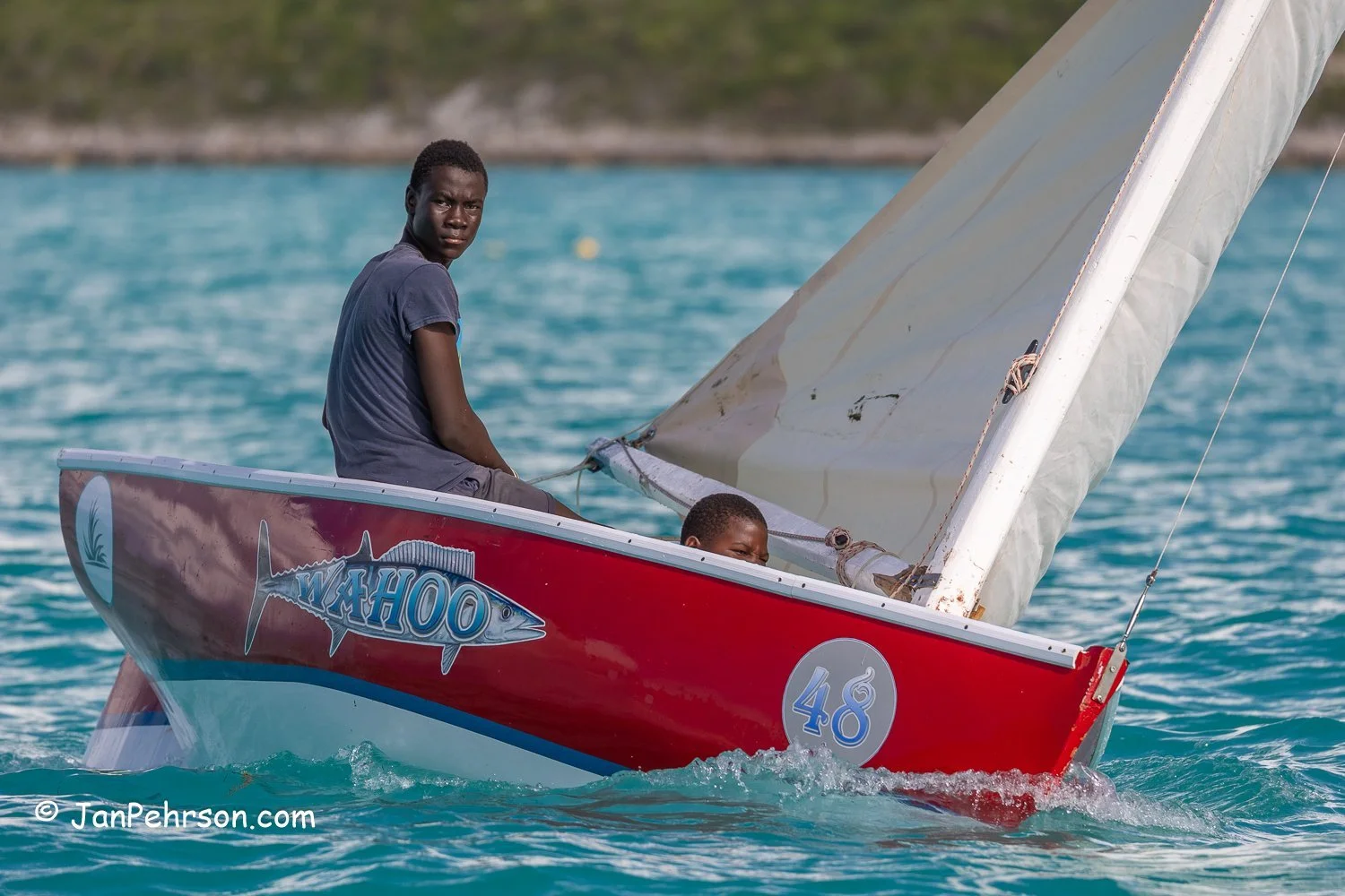 October 2025, Black Point, Exuma, Bahamas, Black Point Regatta, E-Class, 7th Place, Whaoo, from Black Point