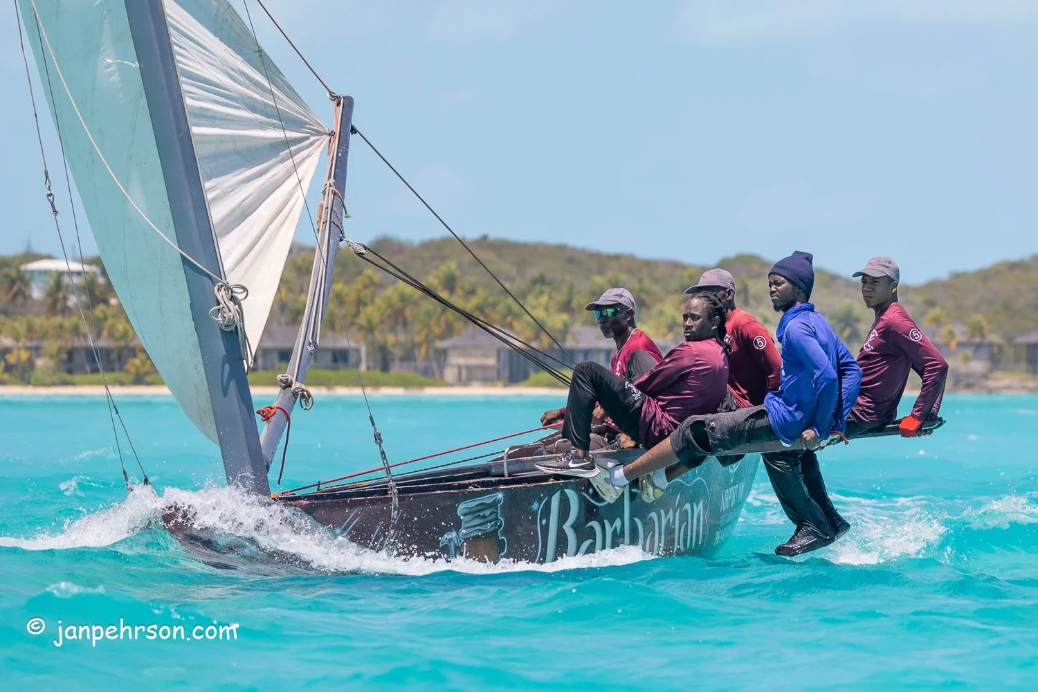 April 2024, George Town, Bahamas, National Family Island Regatta, C-Class, Barbarian II, from Acklins